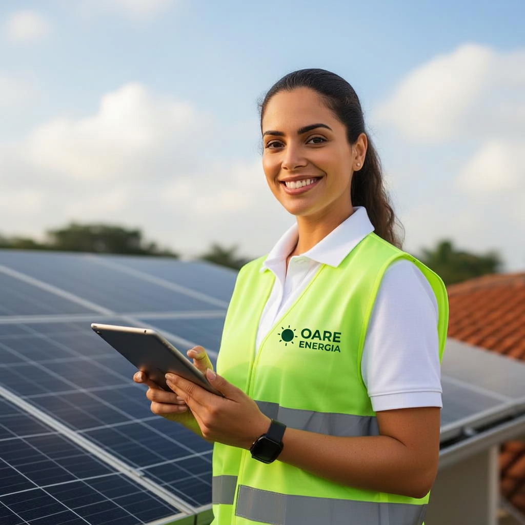 Profissional da Oare Energia inspecionando um sistema fotovoltaico residencial